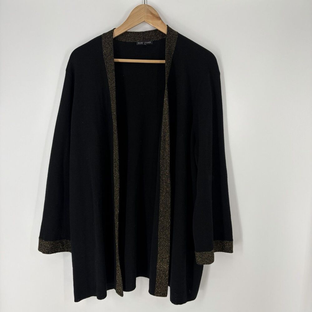 Eileen Fisher Sweater Size XL Womens Black Gold Merino Wool Open Front Cardigan